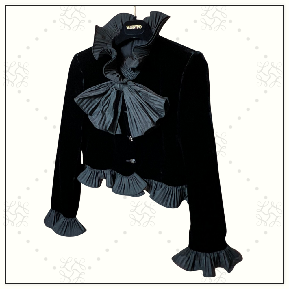 CROPPED JACKET IN SABLE VELVET & RUFFLE SKIRT