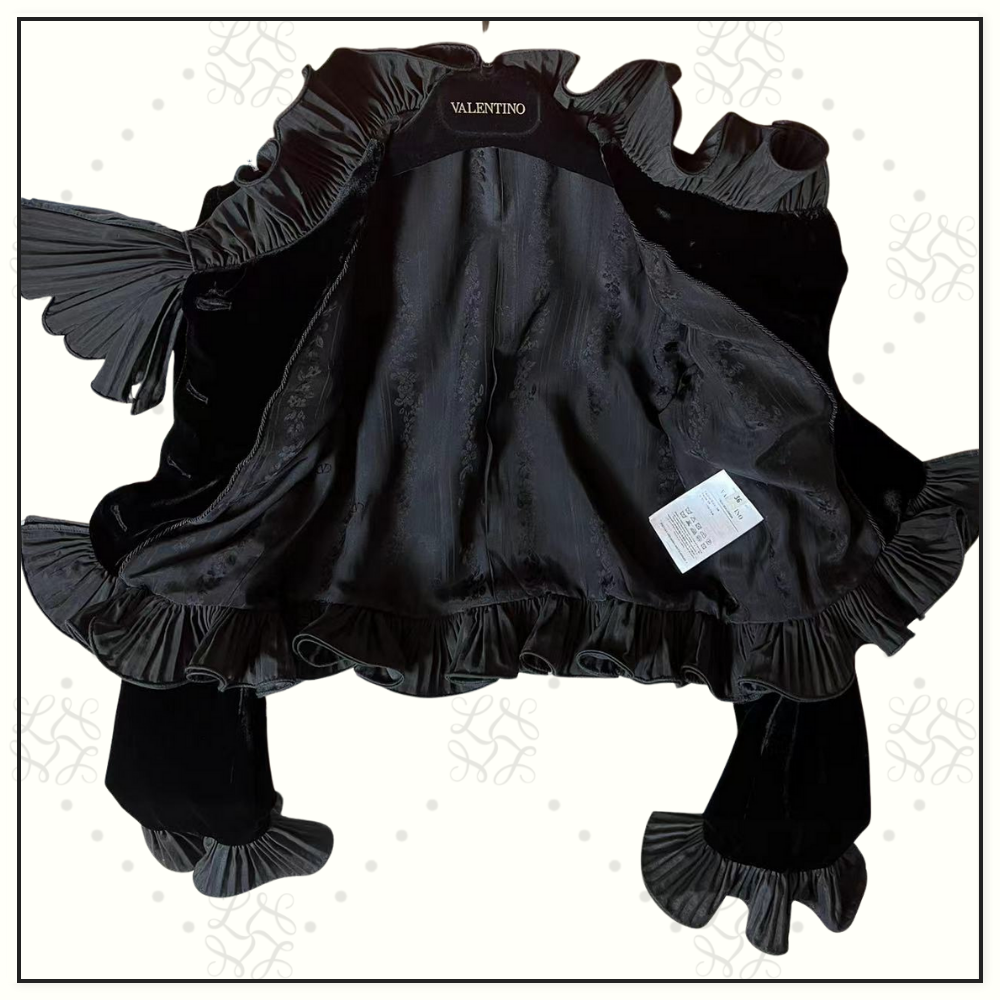 CROPPED JACKET IN SABLE VELVET & RUFFLE SKIRT