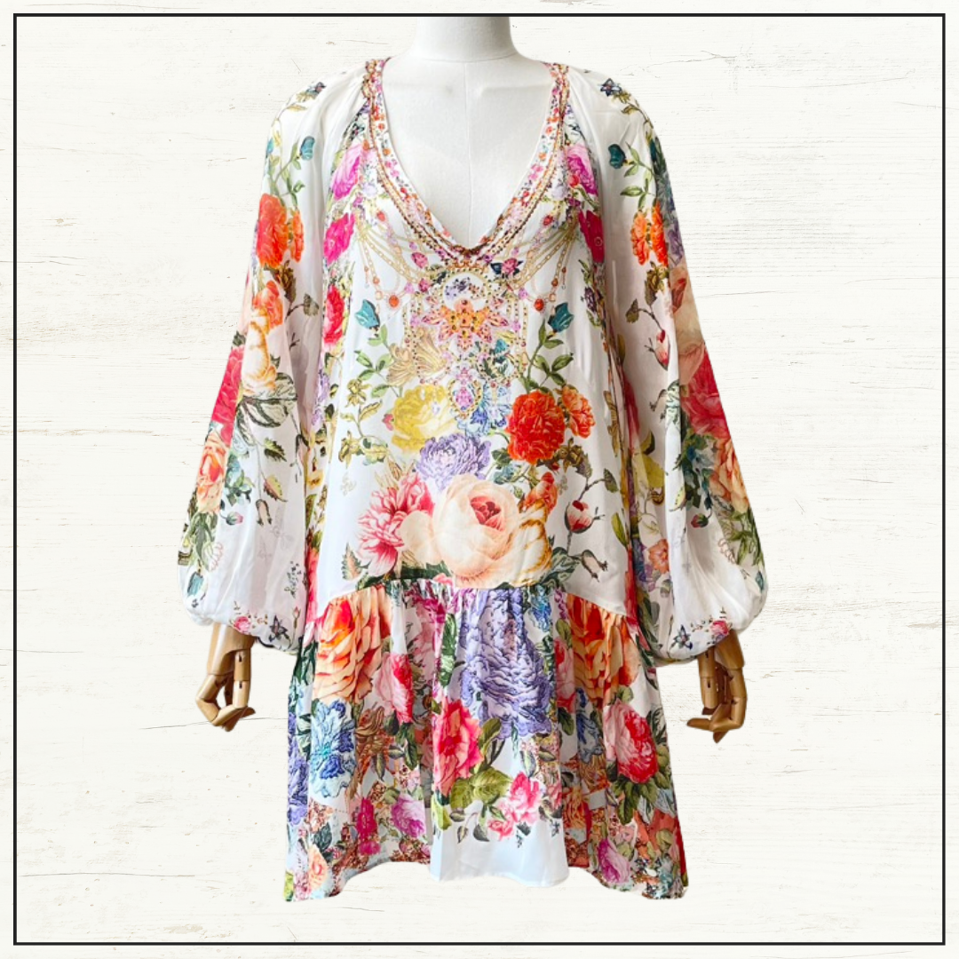 V NECK WITH BLOUSON SLEEVE DRESS