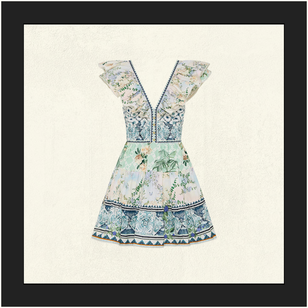 TIERED SHORT DRESS WITH NECK FRILL