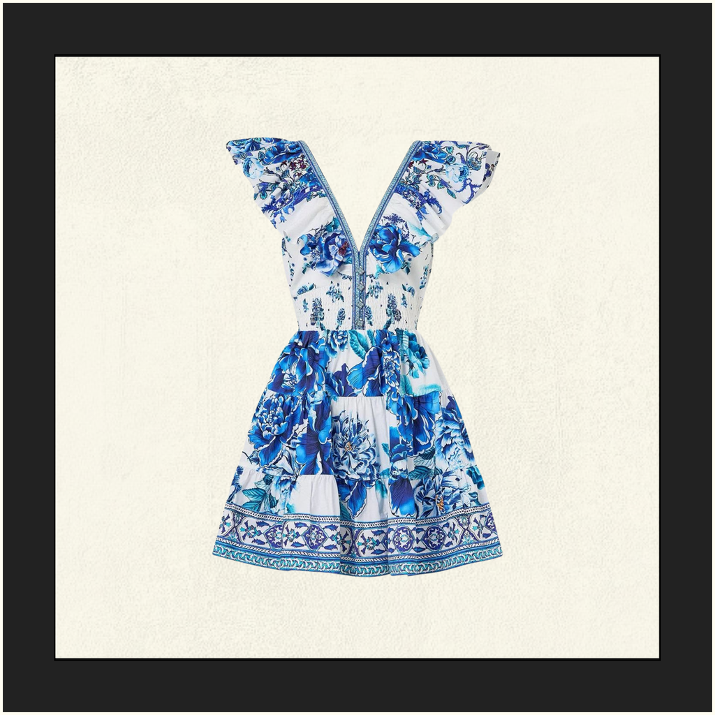 TIERED SHORT DRESS WITH NECK FRILL