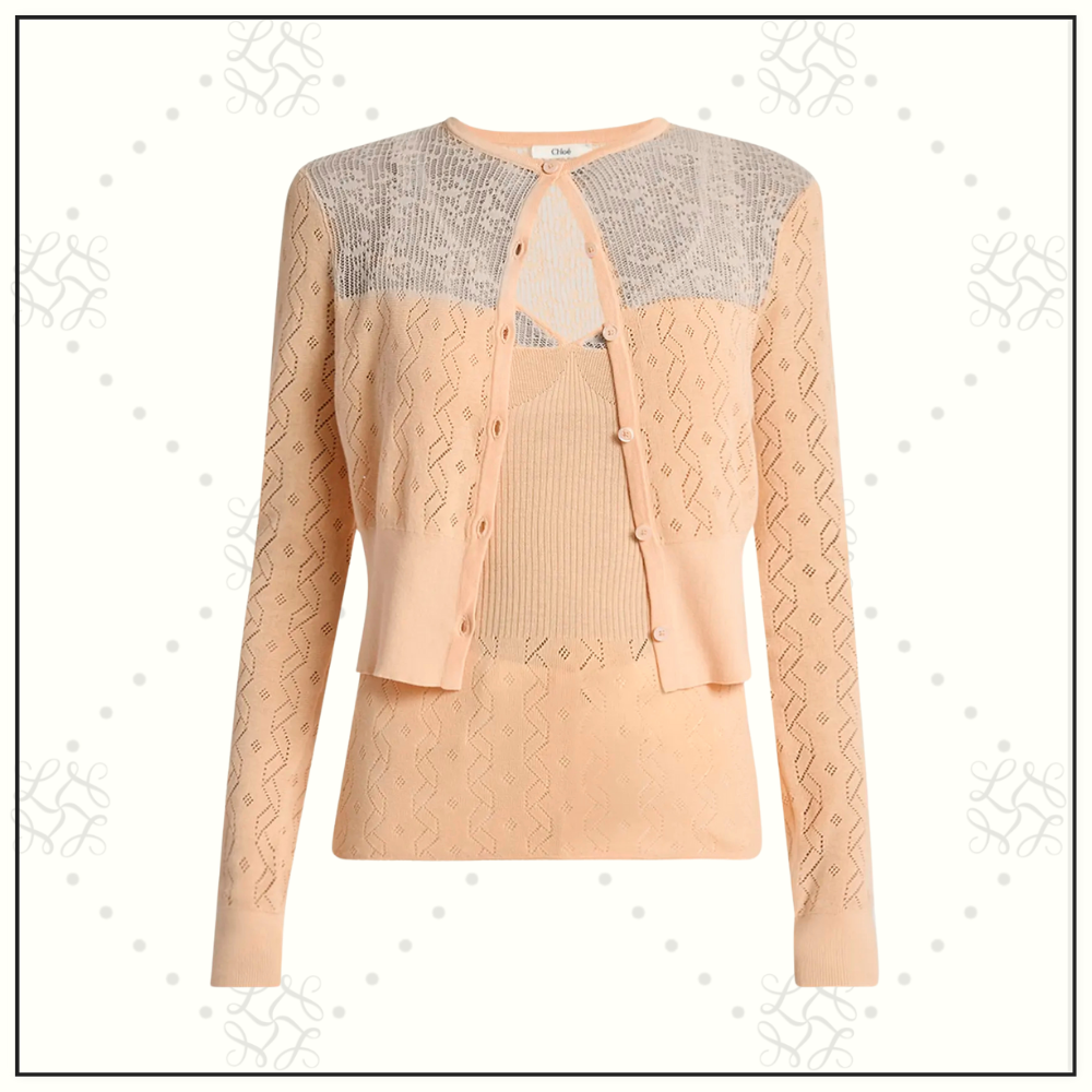 EMBROIDERED POINTELLE COTTON TOP & CARDIGAN