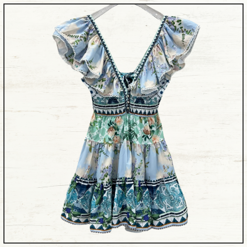 TIERED SHORT DRESS WITH NECK FRILL