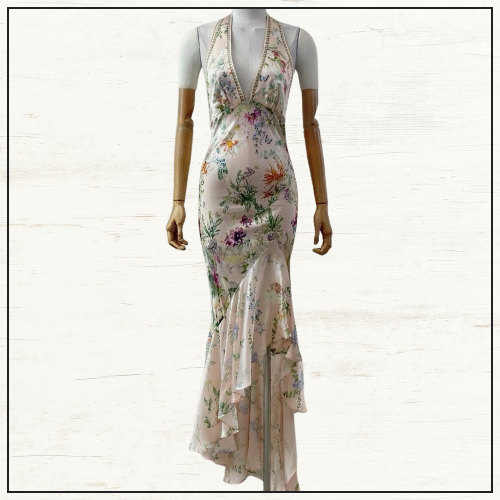 BIAS HALTER DRESS WITH RUFFLE HEM