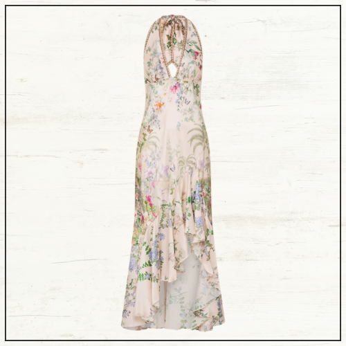 BIAS HALTER DRESS WITH RUFFLE HEM