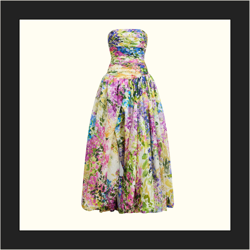 DAHLIA STRAPLESS FLORAL PRINT GOWN