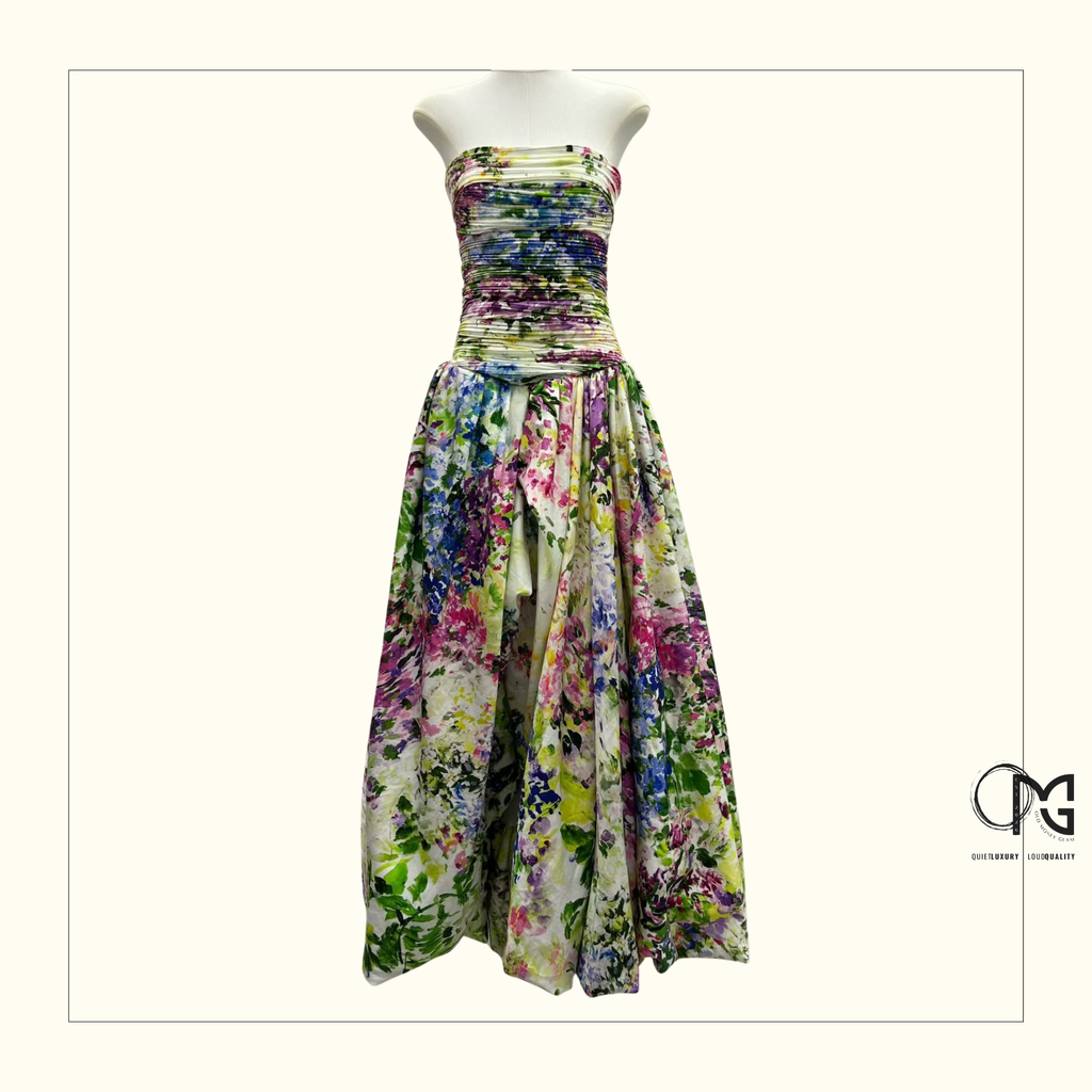 DAHLIA STRAPLESS FLORAL PRINT GOWN