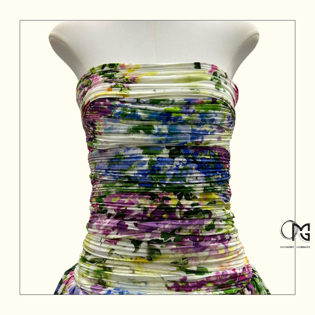 DAHLIA STRAPLESS FLORAL PRINT GOWN