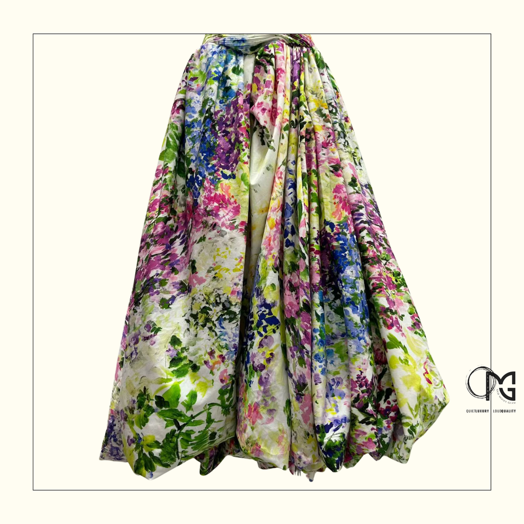 DAHLIA STRAPLESS FLORAL PRINT GOWN