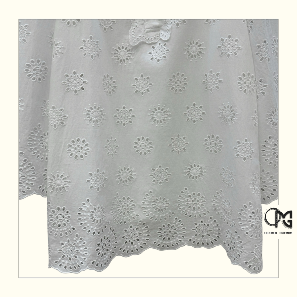 SCALLOPED EYELET EMBROIDERED MINI DRESS