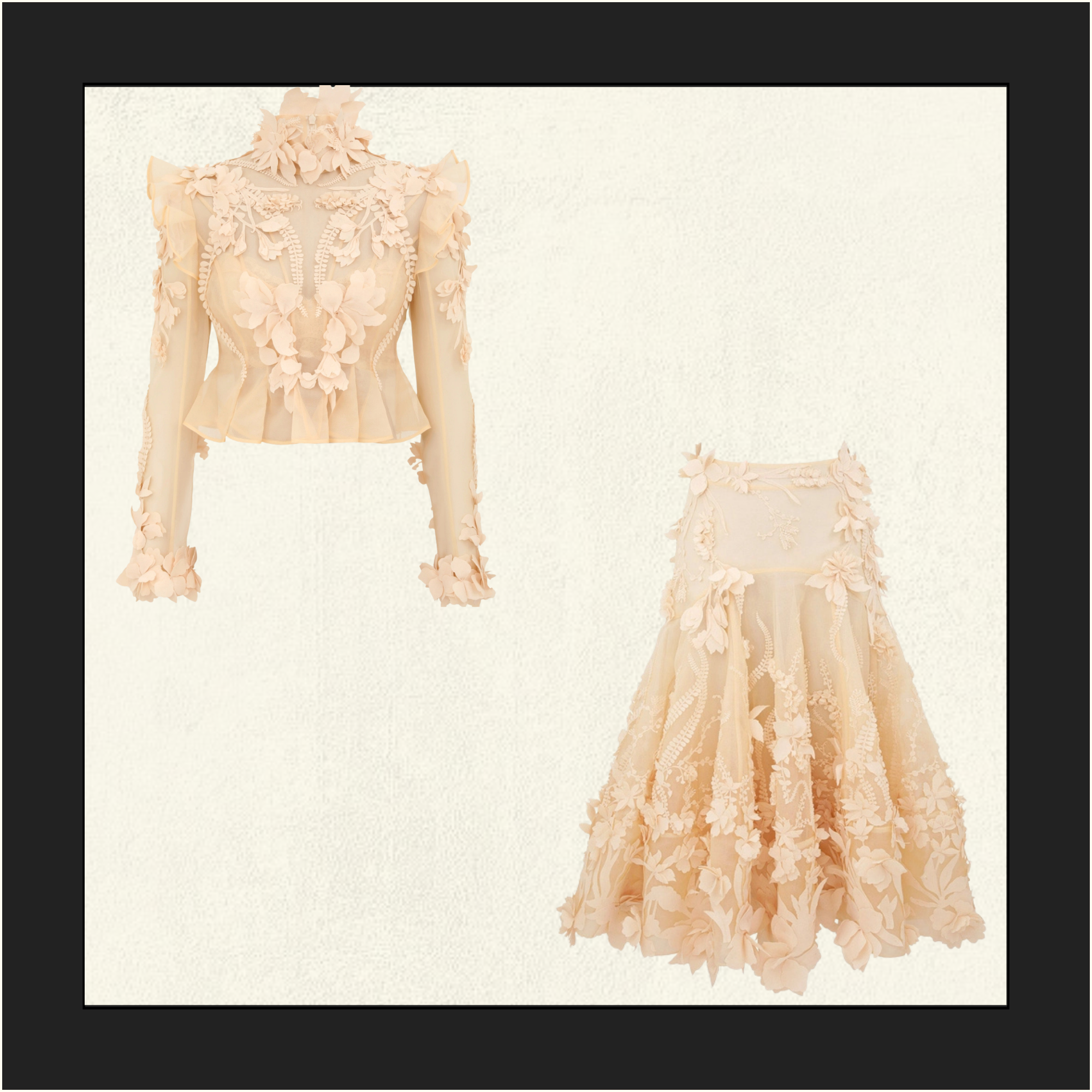 HYPNOTIC FLORAL APPLIQUÉ SILK BLOUSE & SKIRT