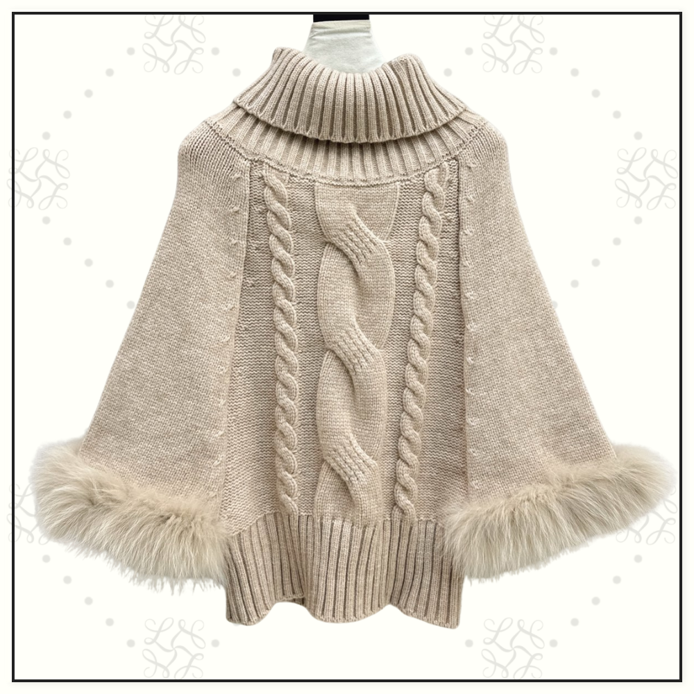 WOOL CABLE KNIT WITH FUR TRIM CAPE
