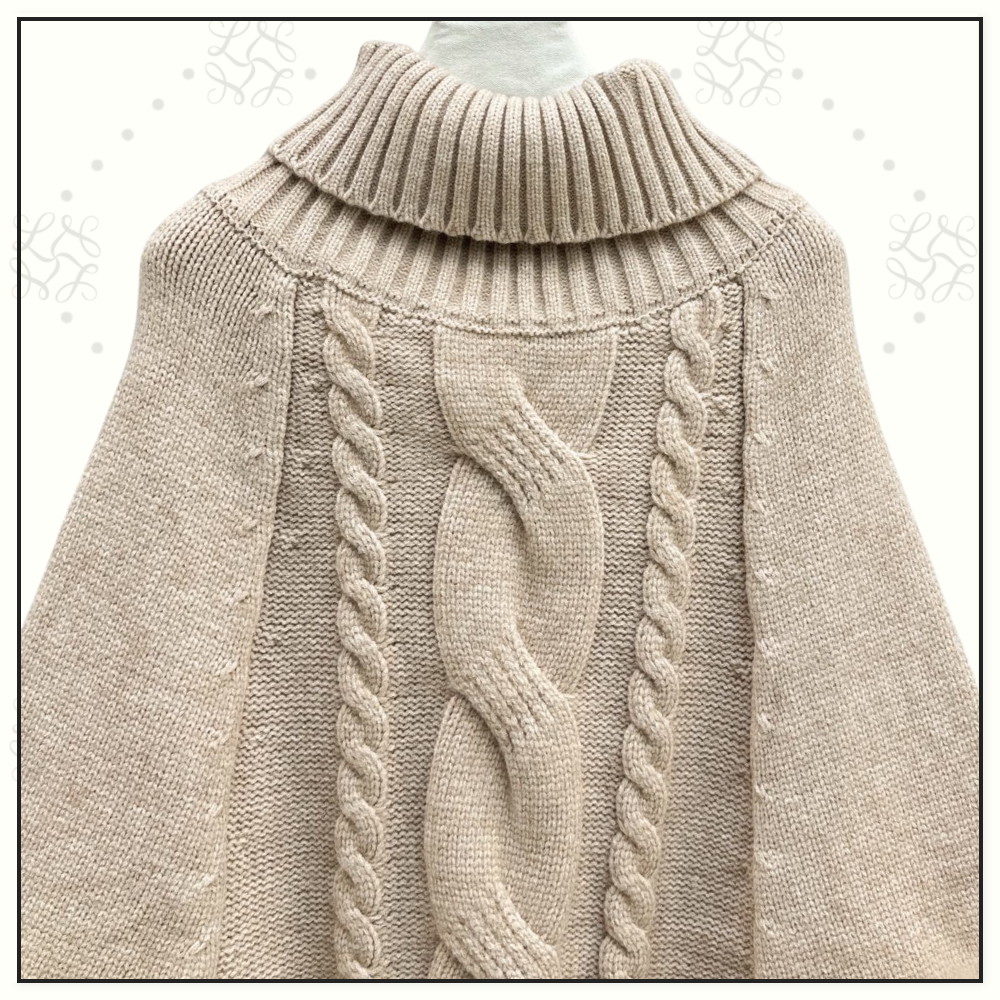 WOOL CABLE KNIT WITH FUR TRIM CAPE