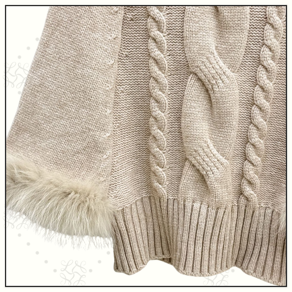 WOOL CABLE KNIT WITH FUR TRIM CAPE