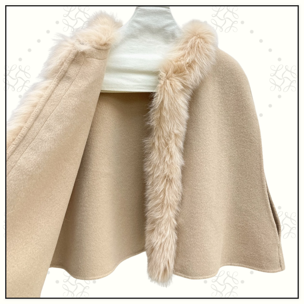 WOOL CAPE WITH FUR TRIM