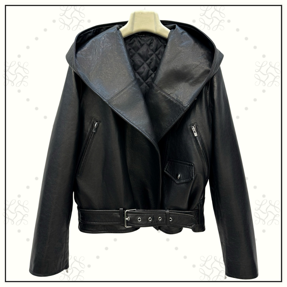 LEATHER HOODED BIKER JACKET