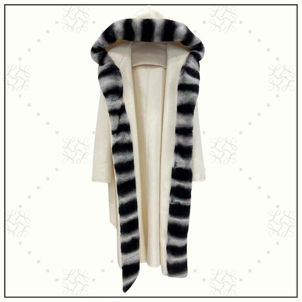 CASHMERE COAT WITH REX RABBIT FUR COLLAR