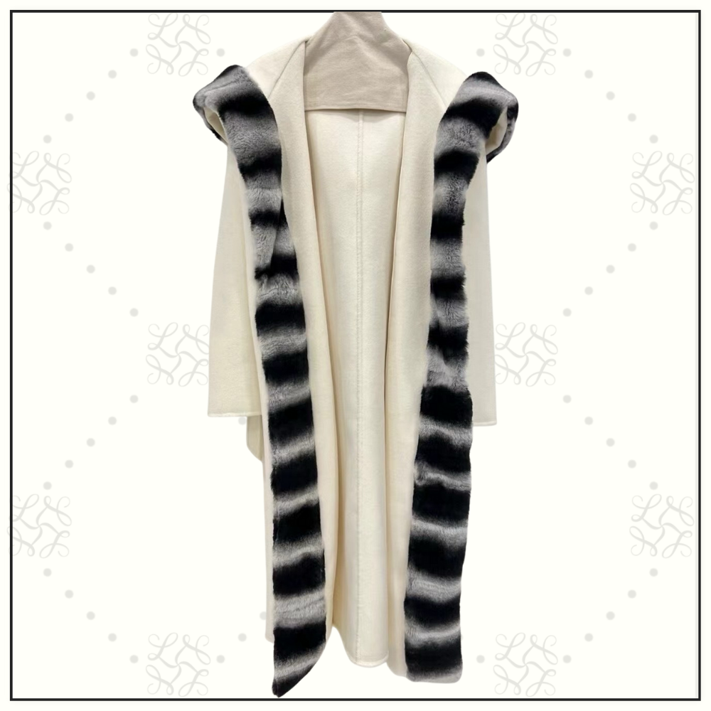 CASHMERE COAT WITH REX RABBIT FUR COLLAR