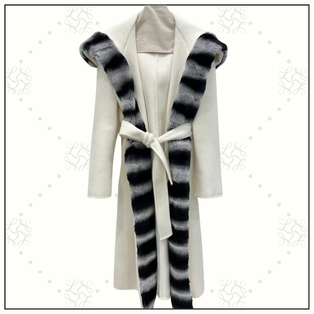 CASHMERE COAT WITH REX RABBIT FUR COLLAR