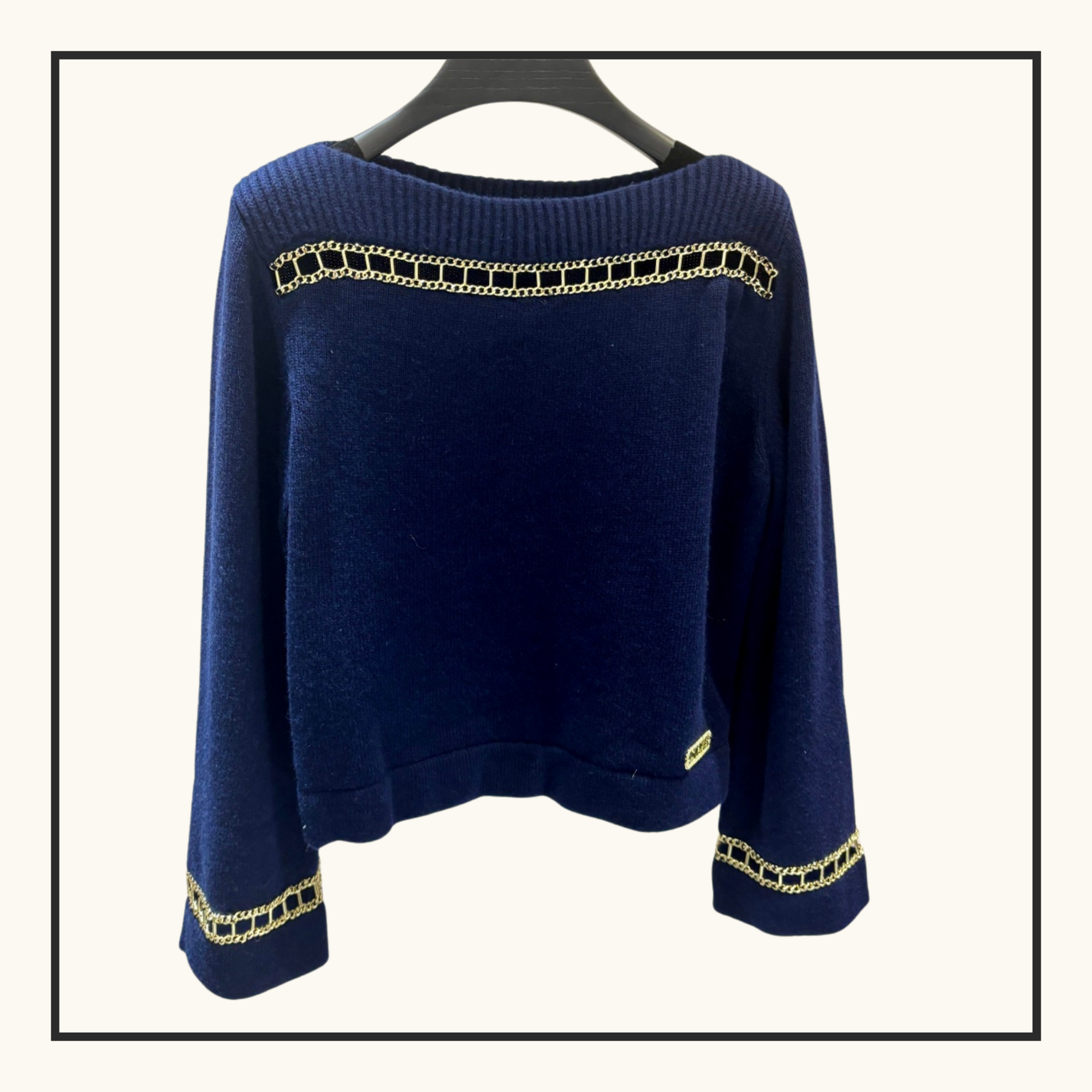 CASHMERE WITH GOLD CHAIN TRIM SWEATER