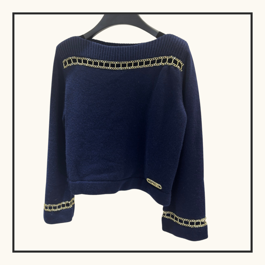 CASHMERE WITH GOLD CHAIN TRIM SWEATER