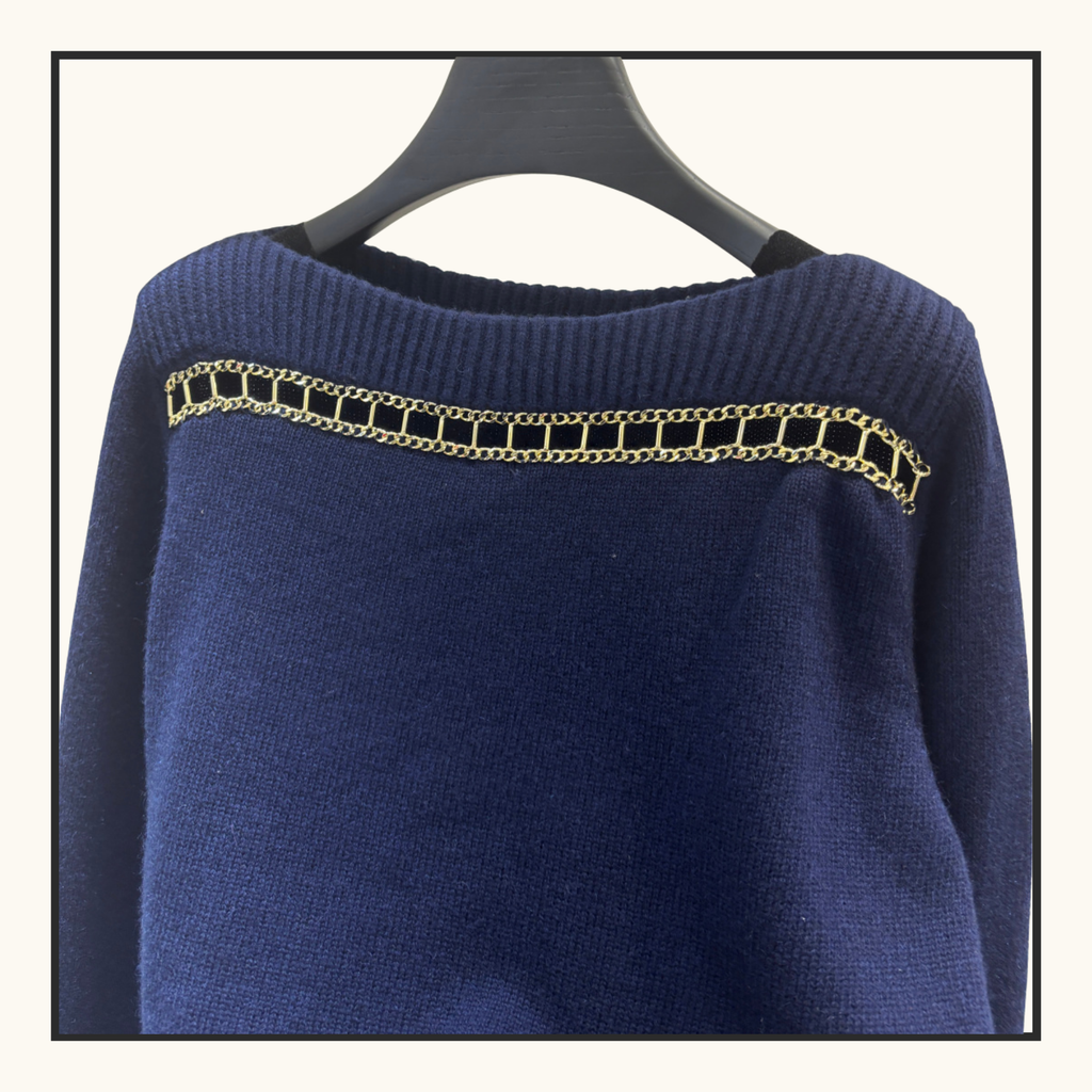 CASHMERE WITH GOLD CHAIN TRIM SWEATER