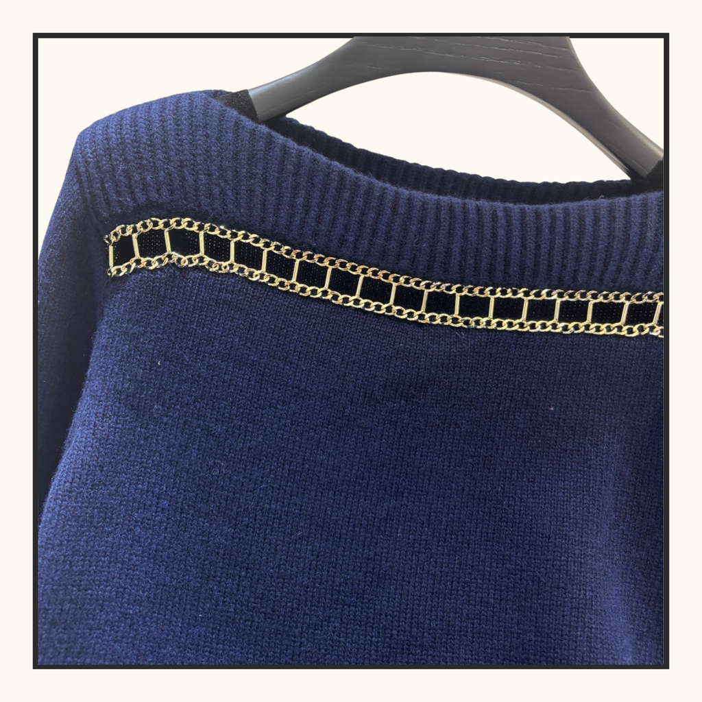 CASHMERE WITH GOLD CHAIN TRIM SWEATER
