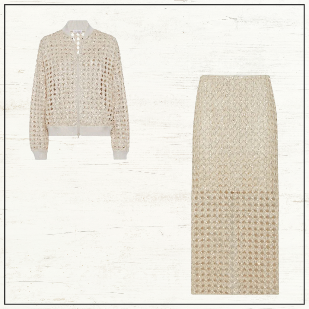 SILK OPEN KNIT CARDIGAN & PENCIL SKIRT