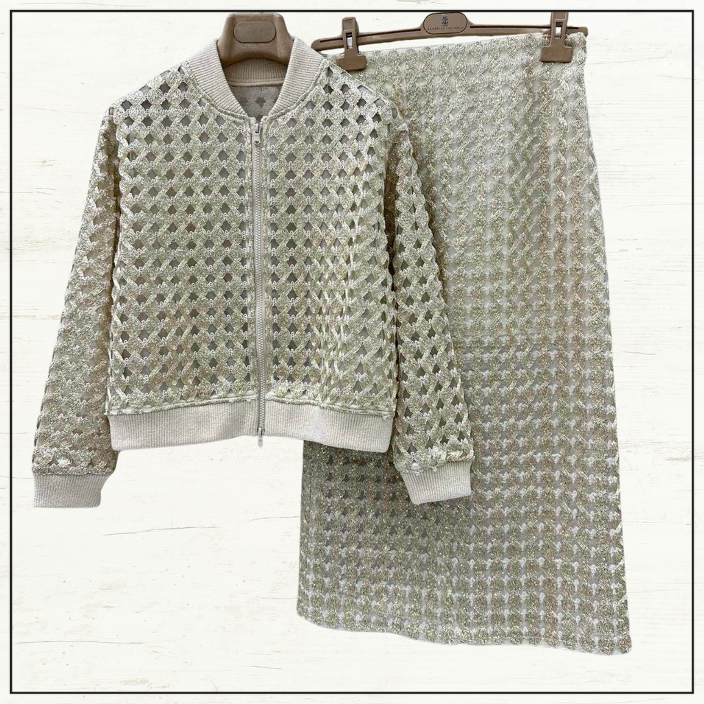 SILK OPEN KNIT CARDIGAN & PENCIL SKIRT