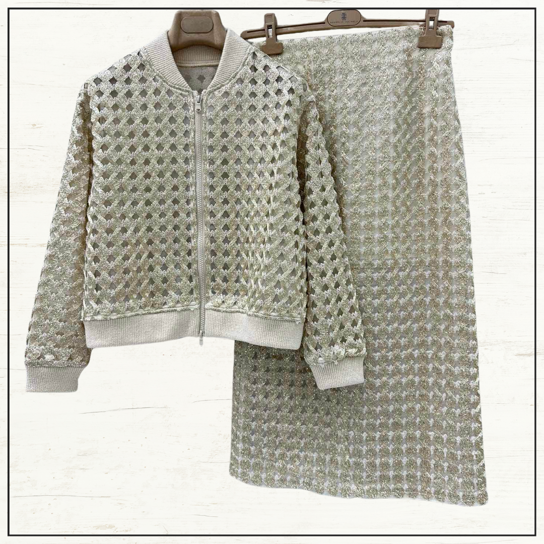 SILK OPEN KNIT CARDIGAN & PENCIL SKIRT