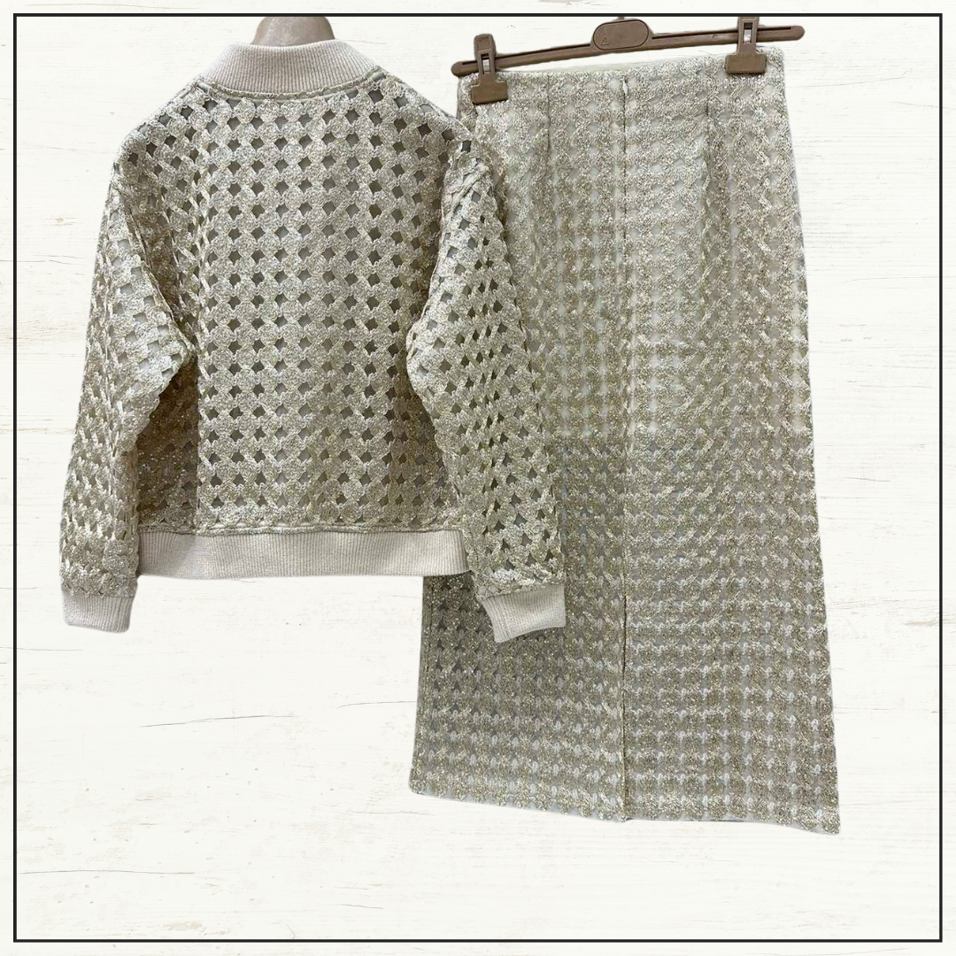 SILK OPEN KNIT CARDIGAN & PENCIL SKIRT