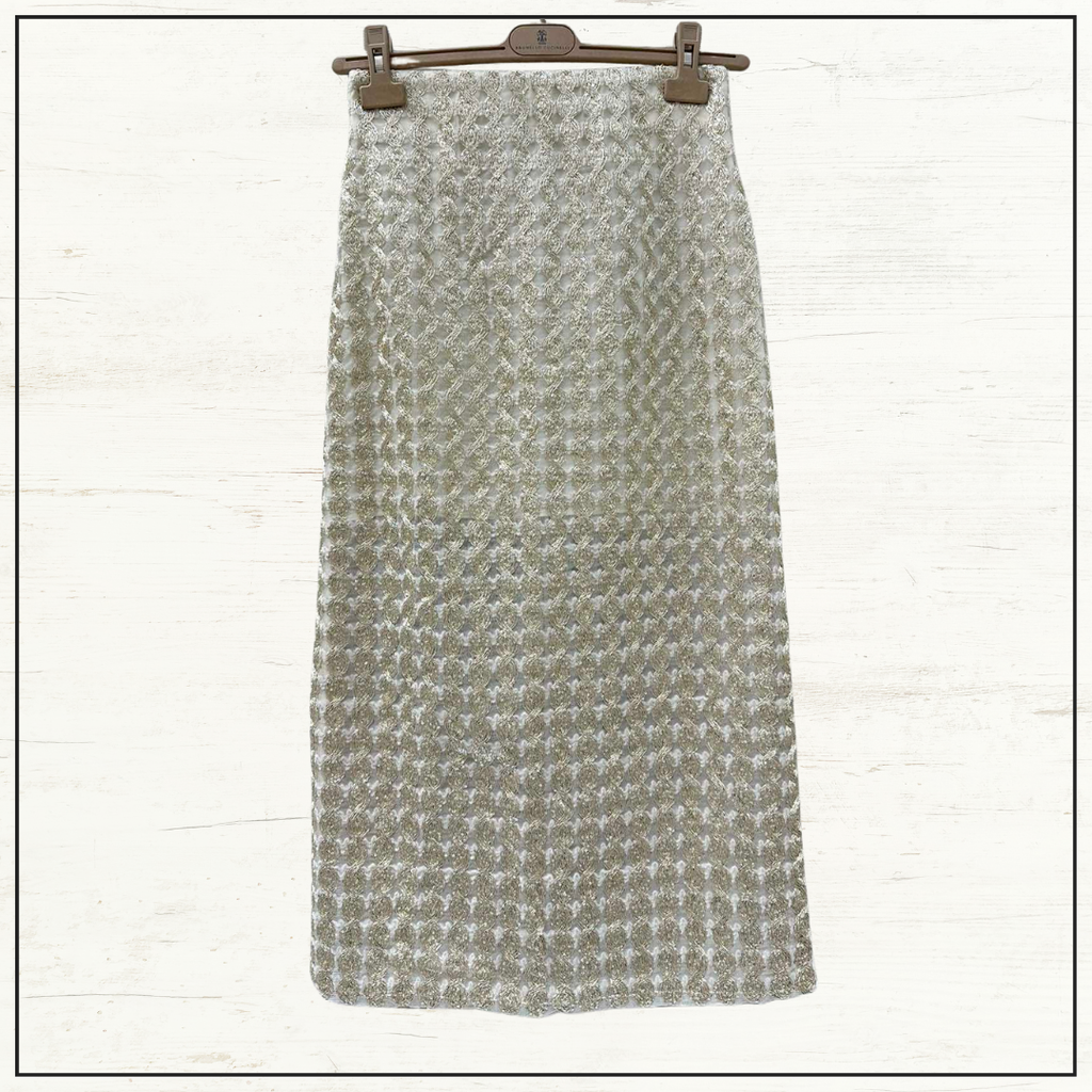 SILK OPEN KNIT CARDIGAN & PENCIL SKIRT