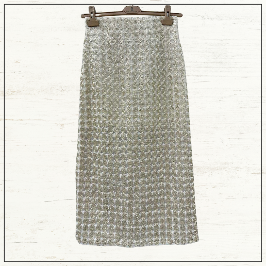 SILK OPEN KNIT CARDIGAN & PENCIL SKIRT