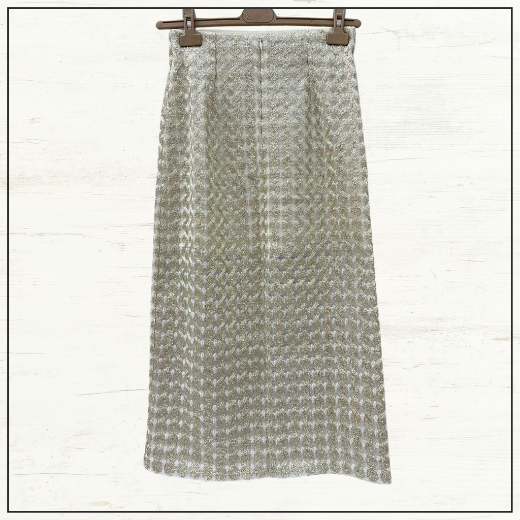 SILK OPEN KNIT CARDIGAN & PENCIL SKIRT