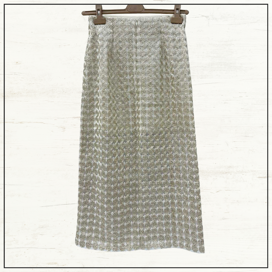 SILK OPEN KNIT CARDIGAN & PENCIL SKIRT