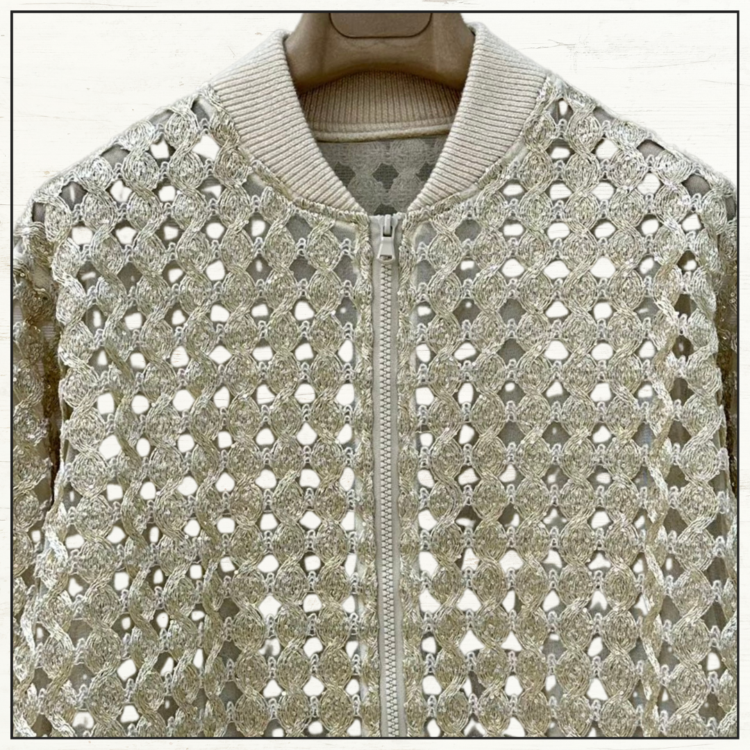 SILK OPEN KNIT CARDIGAN & PENCIL SKIRT