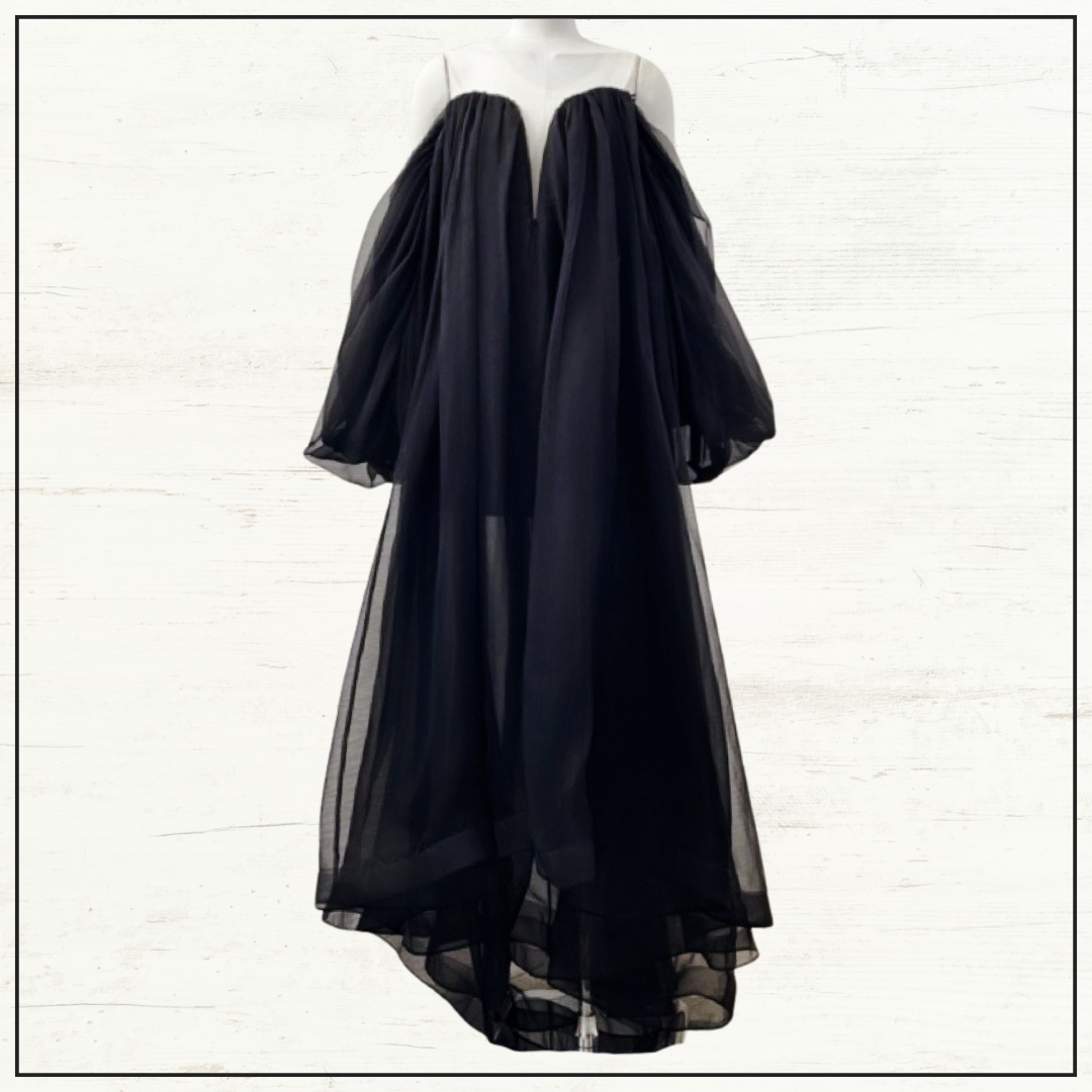 CRUSH OFF SHOULDER SILK TULLE MAXI DRESS