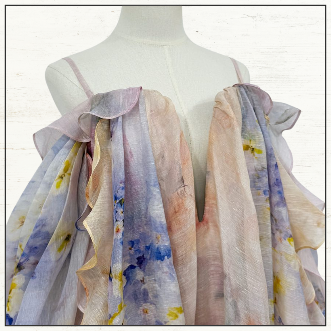 CRUSH LINEN SILK RUFFLE DRESS