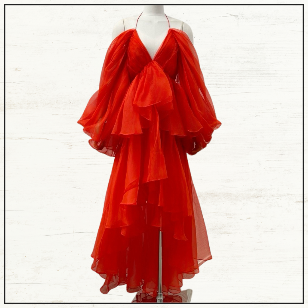 TRANQUILITY SILK RUFFLE HALTER DRESS