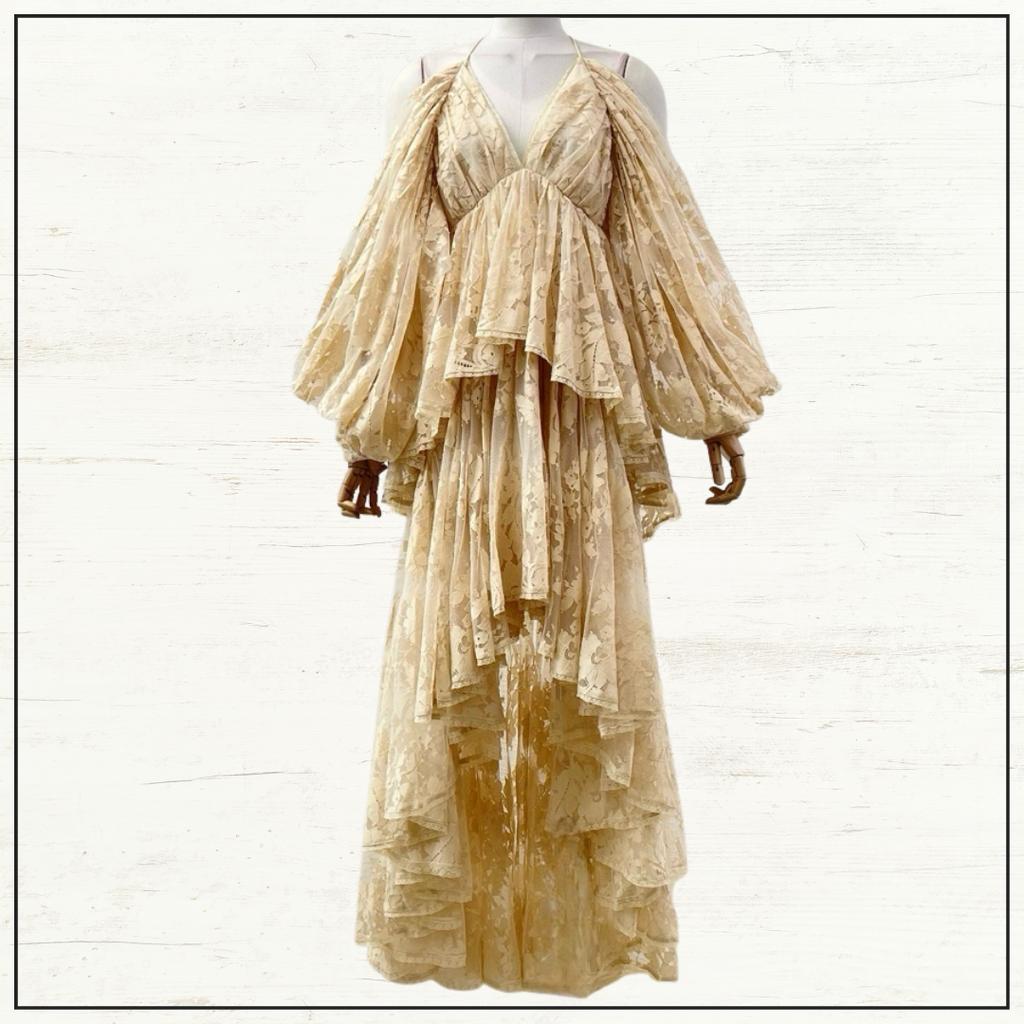 ILLUSTRATION LACE RUFFLE HALTER DRESS