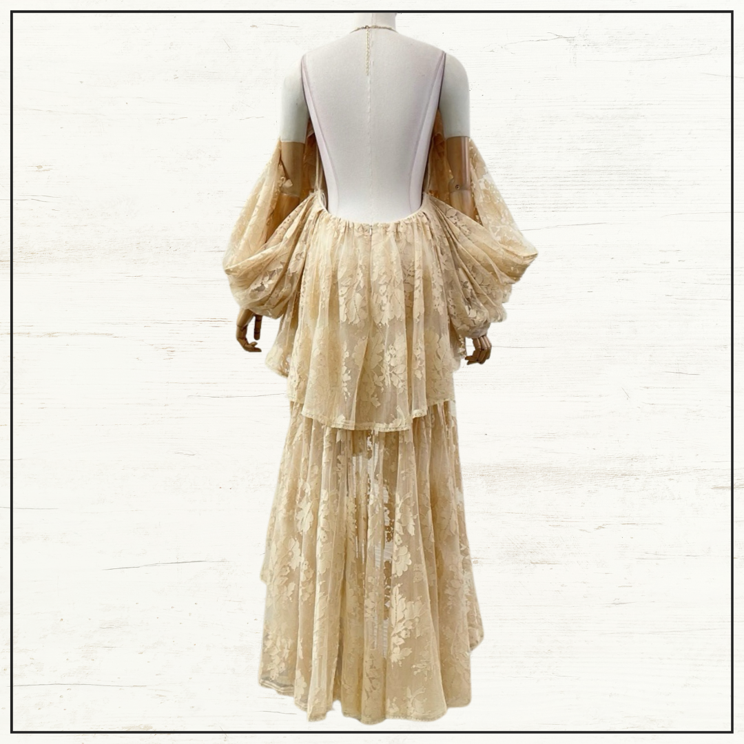 ILLUSTRATION LACE RUFFLE HALTER DRESS