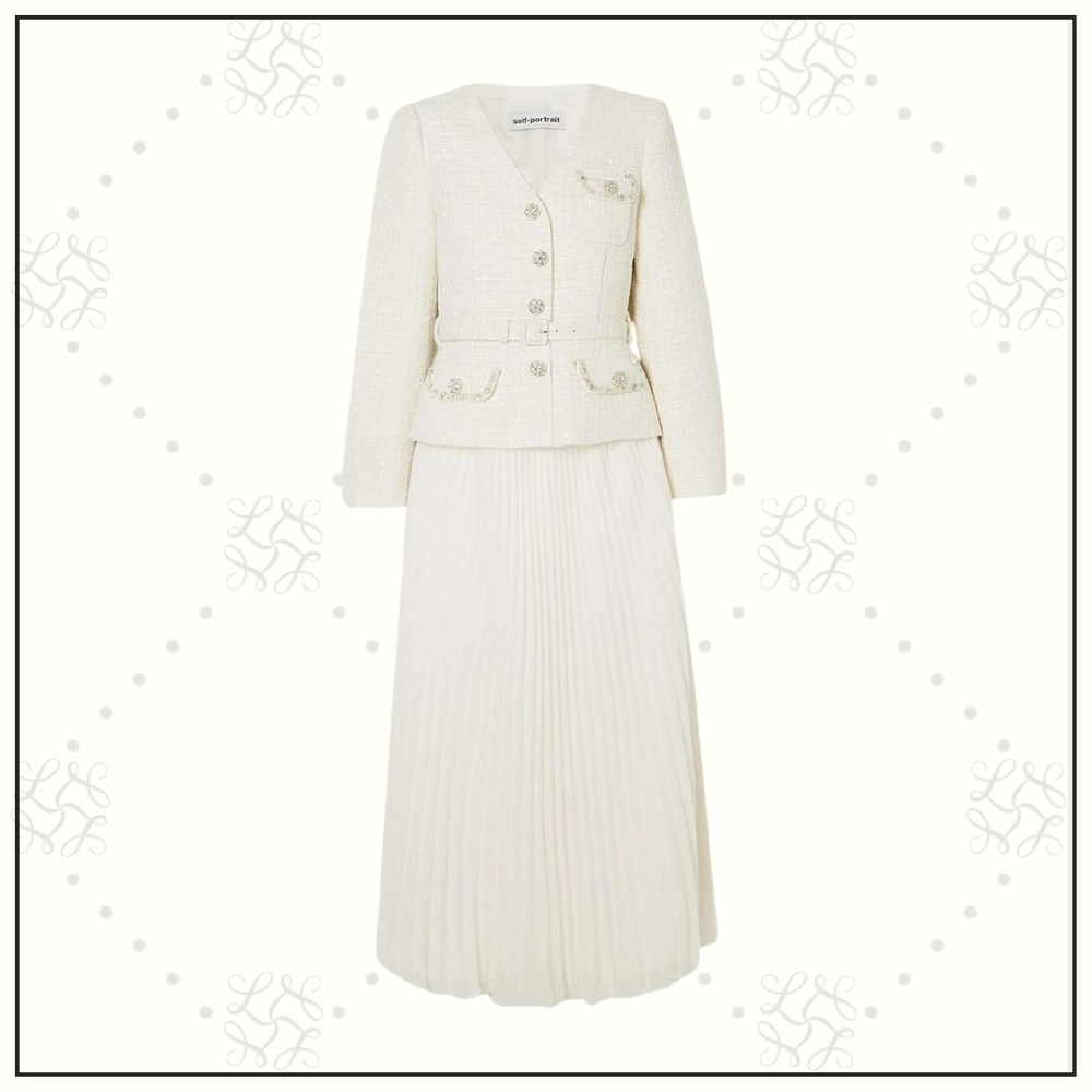 PLEATED GEORGETTE BOUCLE JACKET & MIDI DRESS
