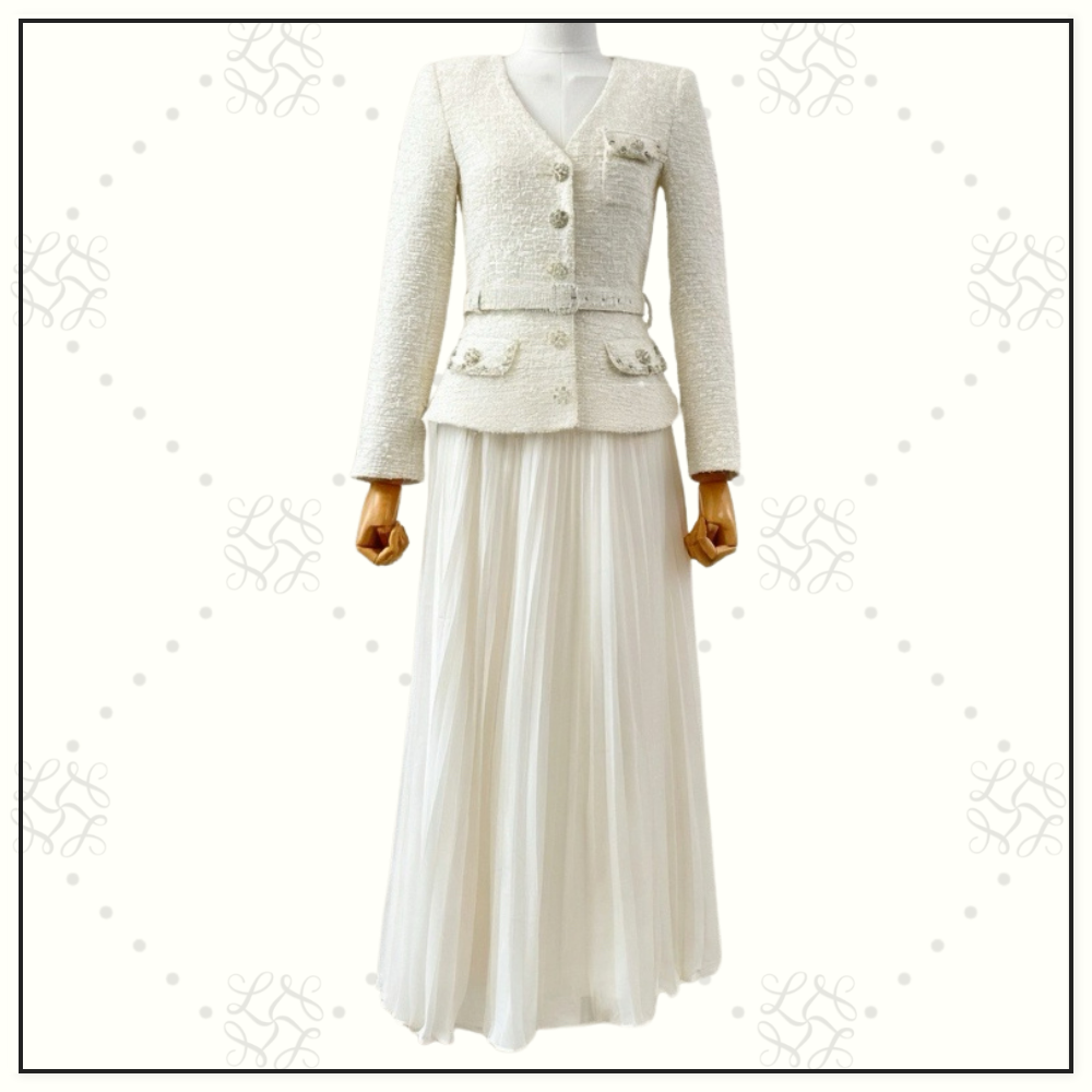 PLEATED GEORGETTE BOUCLE JACKET & MIDI DRESS