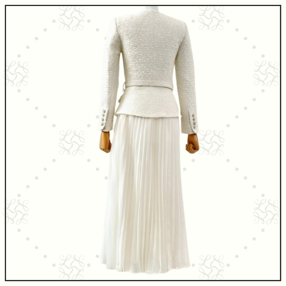 PLEATED GEORGETTE BOUCLE JACKET & MIDI DRESS