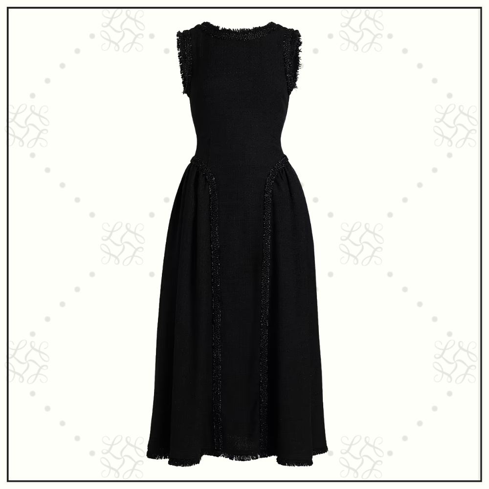 BOUCLE MIDI DRESS WITH BRAIDED FRINGE TRIM