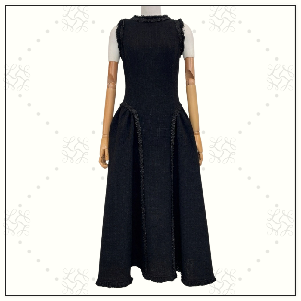 BOUCLE MIDI DRESS WITH BRAIDED FRINGE TRIM