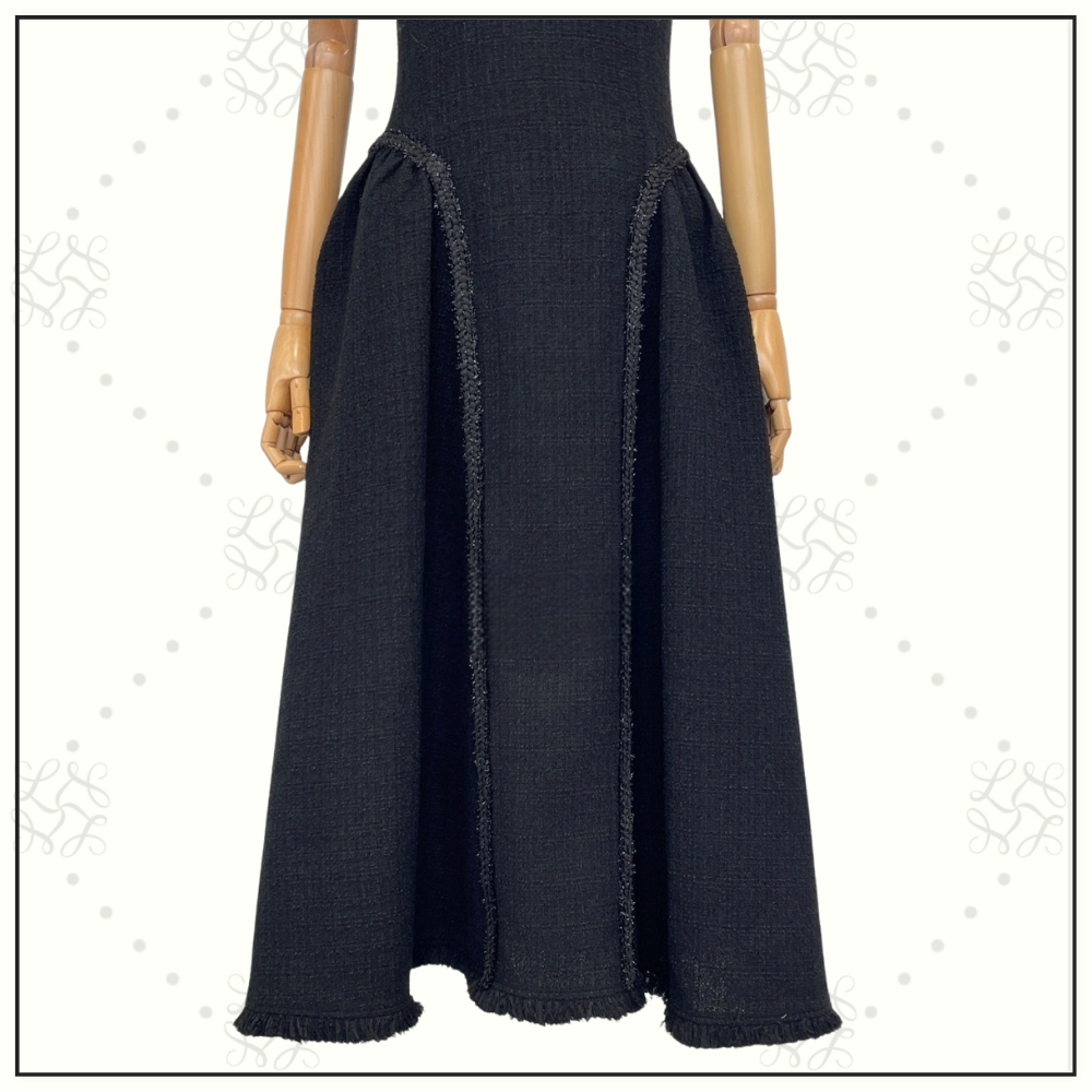 BOUCLE MIDI DRESS WITH BRAIDED FRINGE TRIM