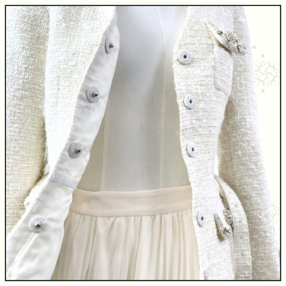 PLEATED GEORGETTE BOUCLE JACKET & MIDI DRESS