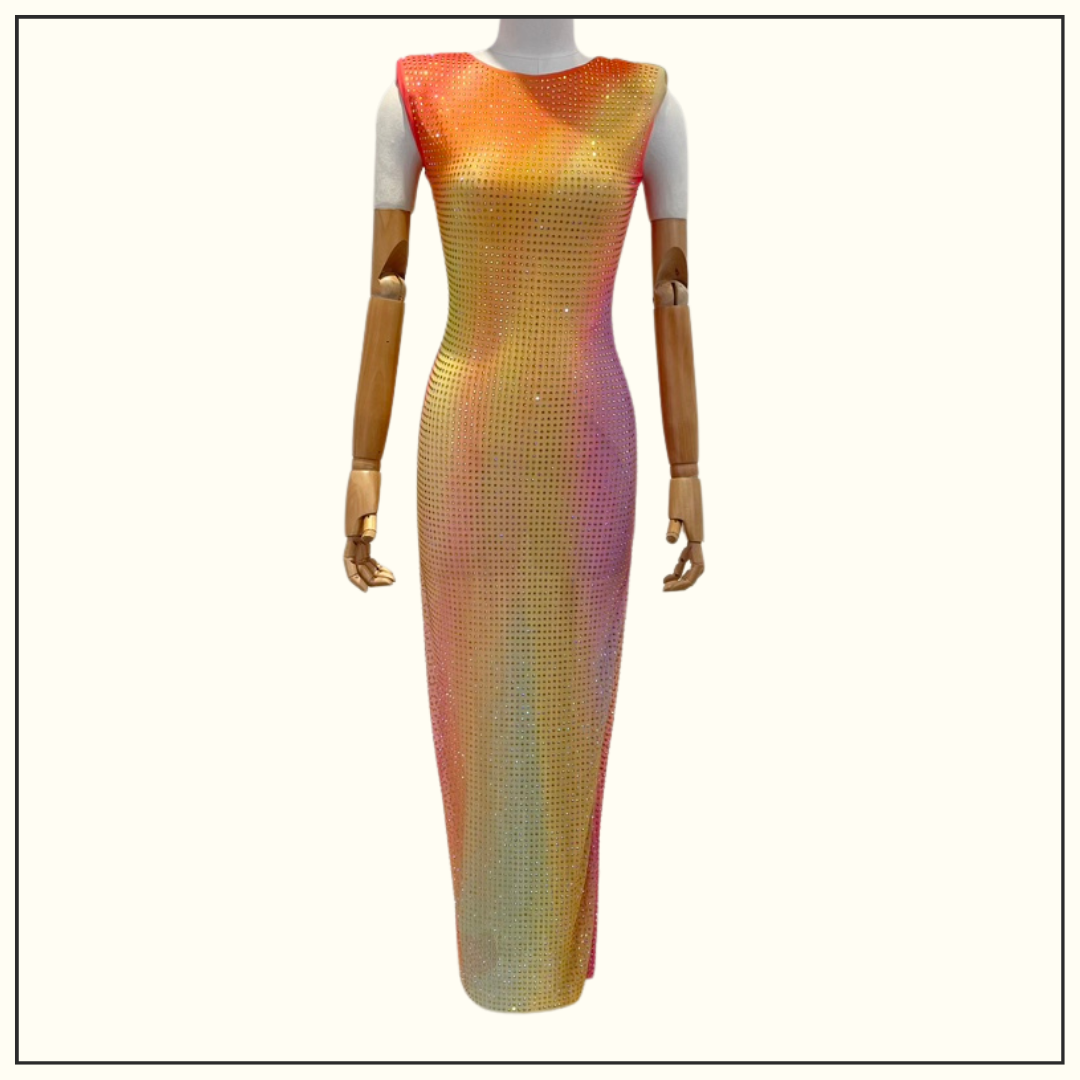 PRINTED MESH RHINESTONE MIDI DRESS