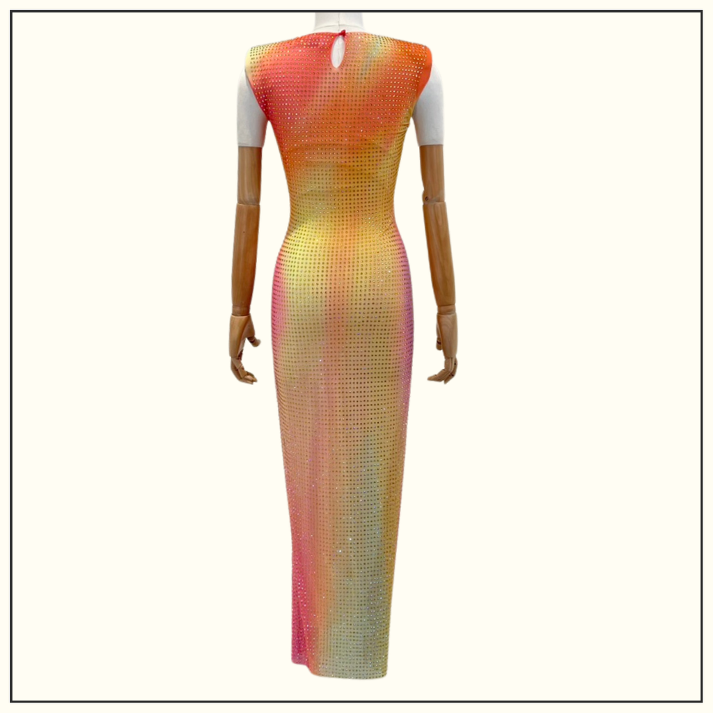 PRINTED MESH RHINESTONE MIDI DRESS